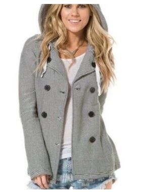 Roxy “The Cuddle” Navy White Knit Stripe Double Breasted Hooded Jaxket XL